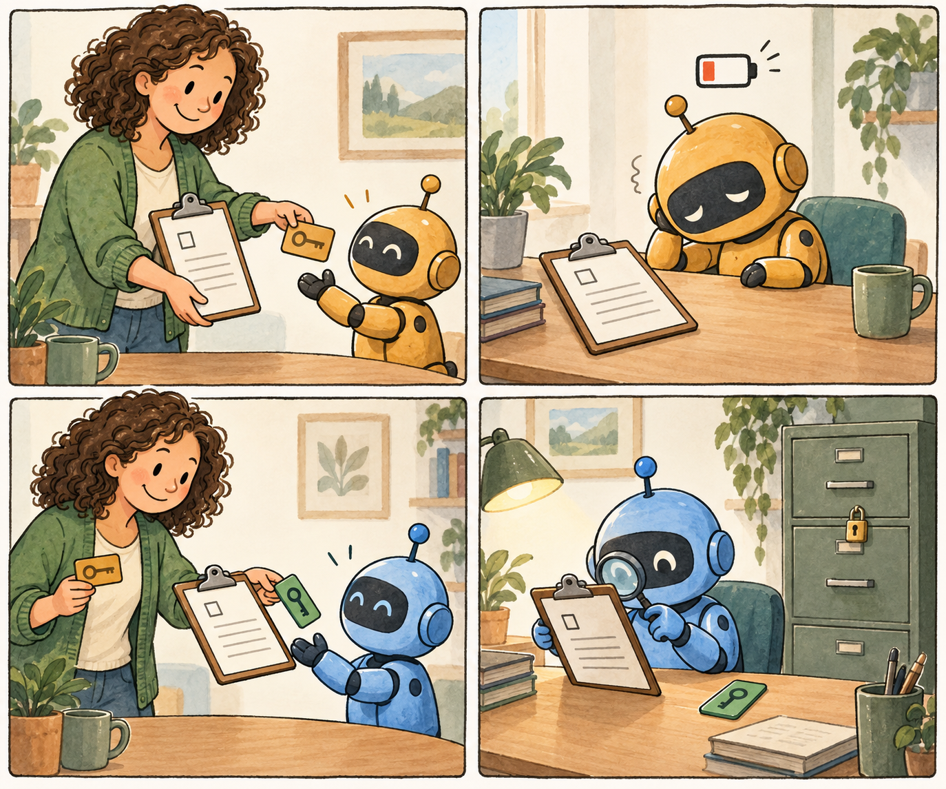 A girl coordinates two robot helpers: the unfinished job stays on a clipboard, while separate access cards show what each helper is allowed to do.